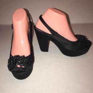 Vtg 90s Y2K MIA Chunky Platform Slingback Black Satin Heels Sz 8.5